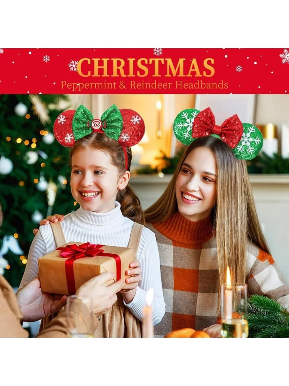 Women Xmas Sparkly Sequin Mickey Mouse Costume Headband For Cosplay 2PCS